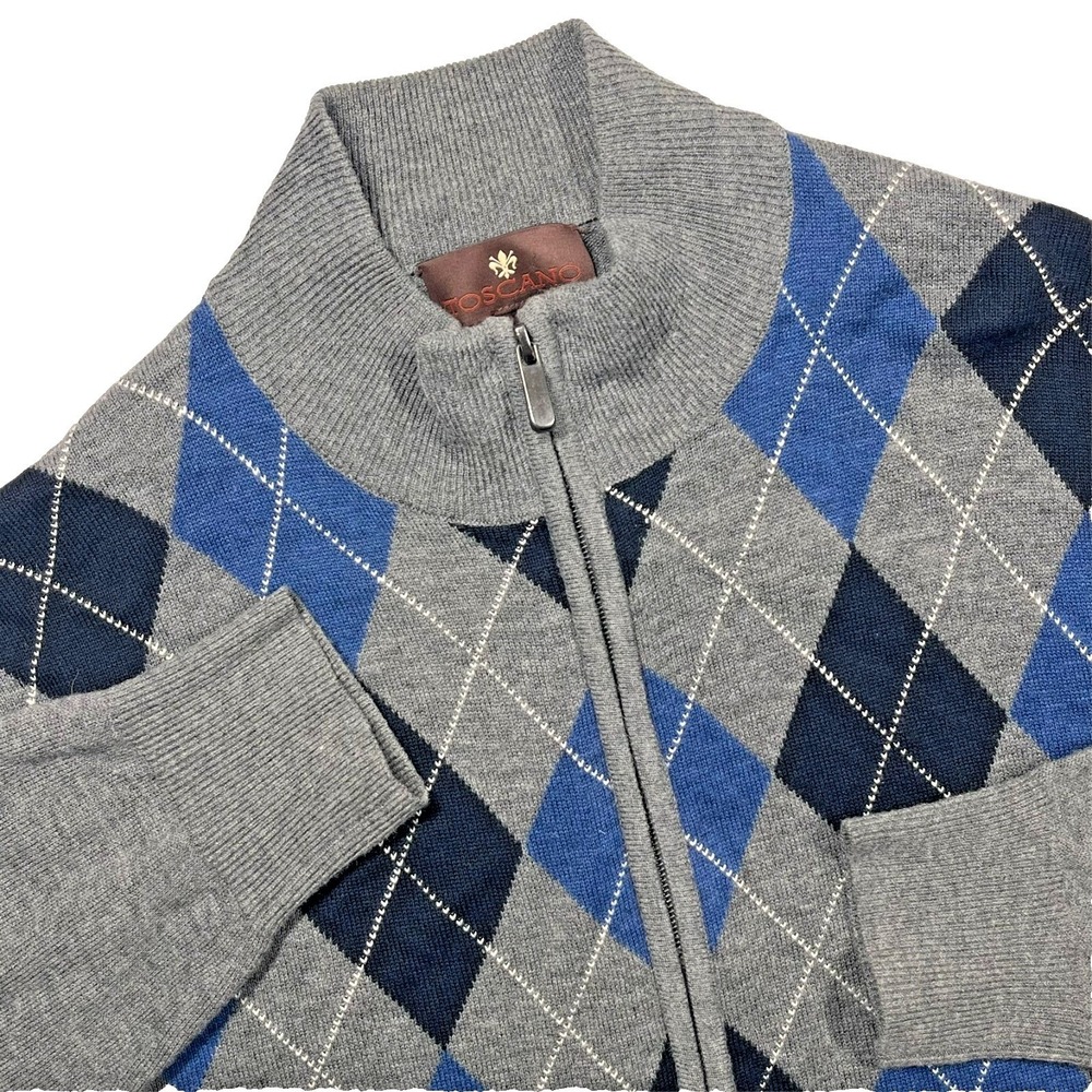 Toscano Full Zip Merino Wool Blend Cardigan Mens Large Gray Blue Argyle